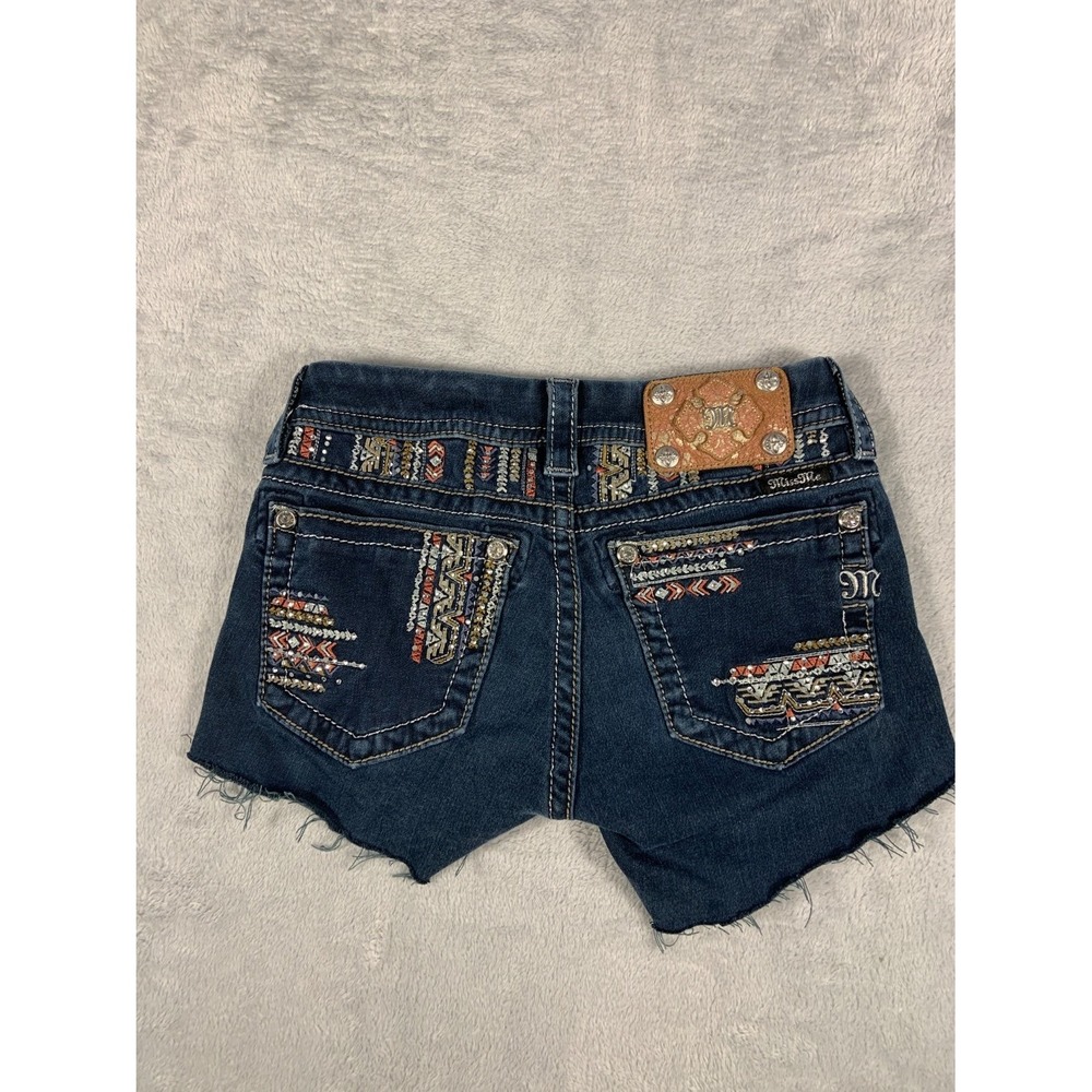 Y2K Miss Me Embroidered Rhinestone Cutoff Denim Shorts Womens Size 25